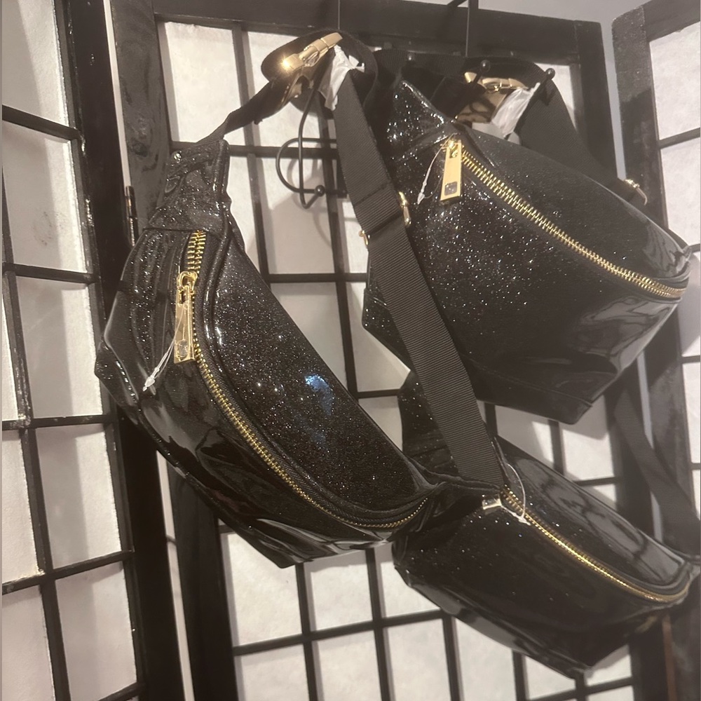 Medium Black Shiny Fanny Pack with Gold  Accents